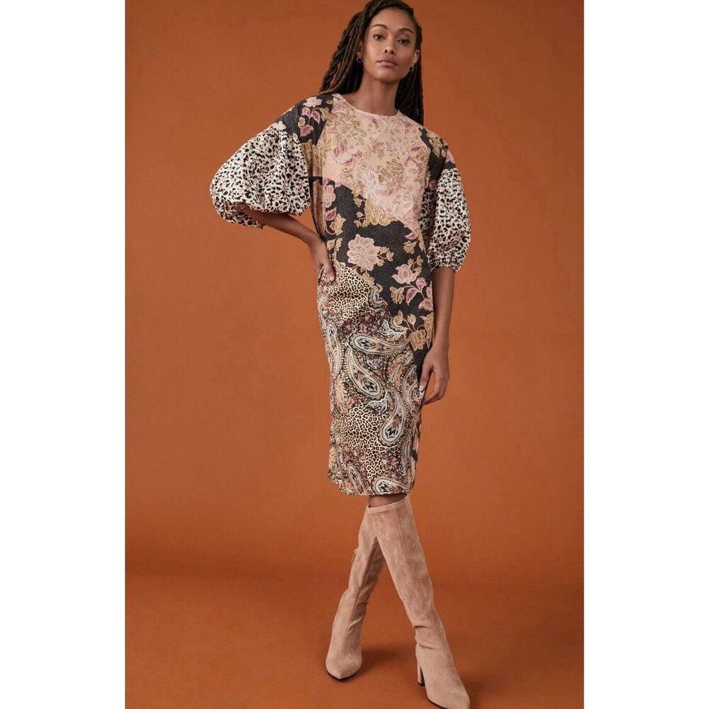 Anthropologie Kachel Dress Midi Evangeline Floral Cotton Puff Sleeve Sz 4 New